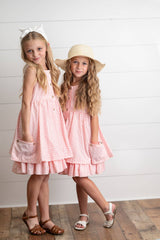 Girls Pink & White Gingham Check Pocket Ruffle Spring Dress