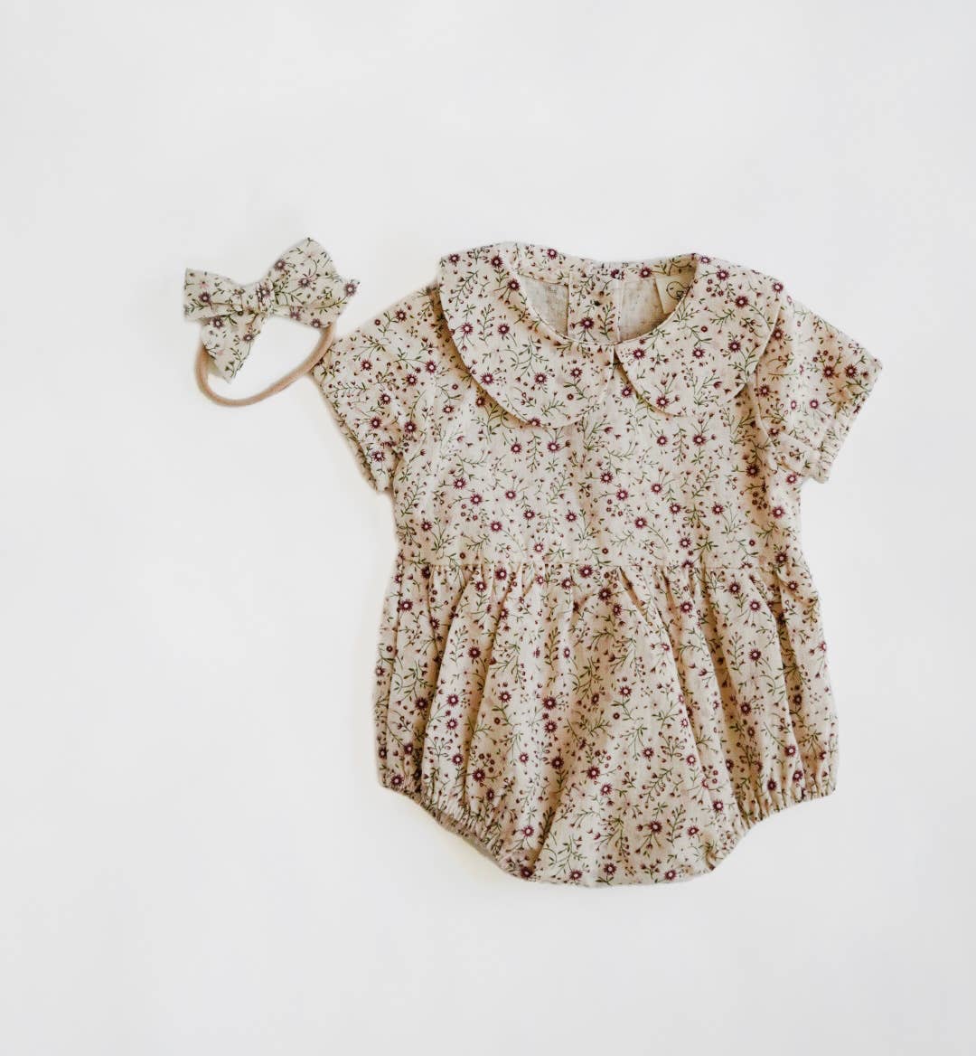 Baby Girl Cotton Romper Neutral Spring Allie FLORAL w/Bow