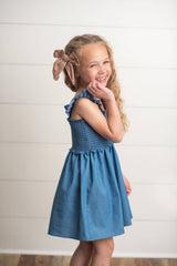 Girls Blue Shirred Cotton Ruffle Spring Summer Easter Dress