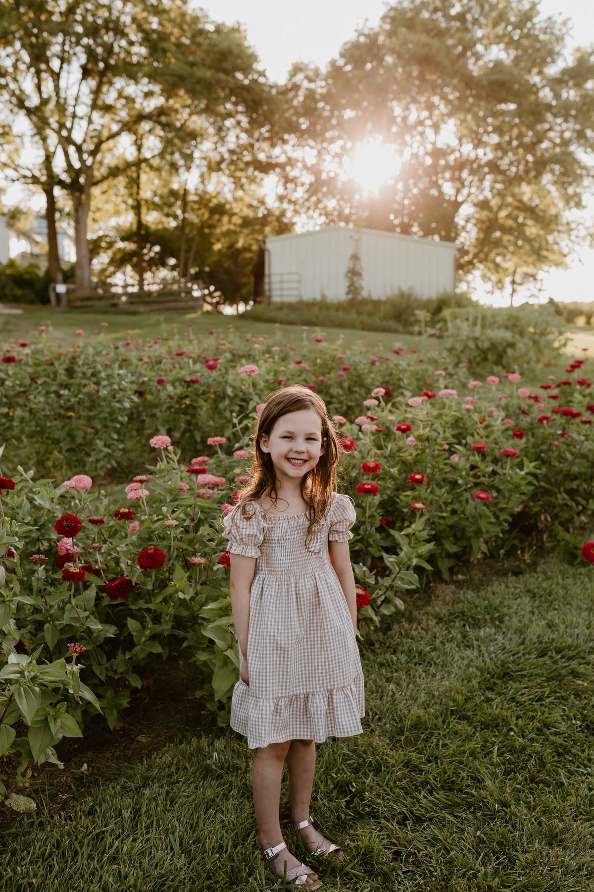 Smocked Tan Gingham Dress